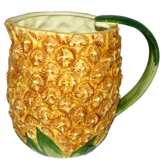 Ceramic Majolica Pineapple Pitcher Green Leaf Handle Tropical Hand-Painted Vtg - Picture 2 of 5